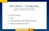 Bell Work – Vocabulary Add to your vocabulary sheets Chapter 7 Section 1 pages 182-184 Cell Theory Cell Compound Light Microscope Electron Microscope.