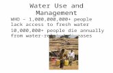 Water Use and Management WHO – 1,000,000,000+ people lack access to fresh water 10,000,000+ people die annually from water- related diseases.
