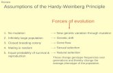 Assumptions of the Hardy-Weinberg Principle 1.No mutation 2.Infinitely large population 3.Closed breeding colony 4.Mating is random 5.Equal probability.