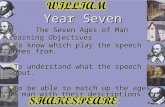 Year Seven The Seven Ages of Man Learning Objectives  To know which play the speech comes from.  To understand what the speech is about.  To be able.
