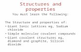 Structures and properties You must learn the following: The Structure and properties of: Giant Ionic lattices eg, Sodium chloride Simple molecular covalent.