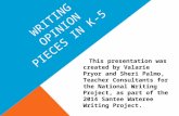 WRITING OPINION PIECES IN K-5 This presentation was created by Valarie Pryor and Sheri Palmo, Teacher Consultants for the National Writing Project, as.
