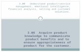 3.08 Acquire product knowledge to communicate product benefits and to ensure appropriateness of product for the customer. 3.00 Understand product/service.