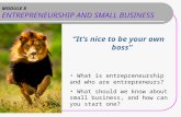 MODULE 8 ENTREPRENEURSHIP AND SMALL BUSINESS “It’s nice to be your own boss” What is entrepreneurship and who are entrepreneurs? What should we know about.