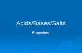 Acids/Bases/Salts Properties. Common Acids Lacticsour milk Aceticvinegar Phosphorictart taste in soda Citriccitrus fruits Malicapples Tartaricgrapes Formicant.