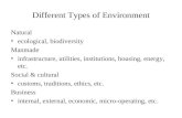 Different Types of Environment Natural ecological, biodiversity Manmade infrastructure, utilities, institutions, housing, energy, etc. Social & cultural.