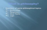 Inventory of some philosophical topics:  1. Epistemology  2. Metaphysics  3. Value Theory  4. Logic.