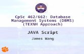 CpSc 462/662: Database Management Systems (DBMS) (TEXNH Approach) JAVA Script James Wang.