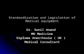Standardization and Legislation of Medical equipment Dr. Sunil Anand MD Medicine Diploma Anesthesia ( UK ) Medical Consultant.
