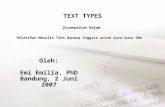 TEXT TYPES Disampaikan dalam Pelatihan Menulis Teks Bahasa Inggris untuk Guru-Guru SMA Oleh: Emi Emilia, PhD Bandung, 2 Juni 2007.