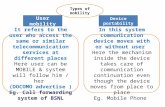 Types of mobility User mobility Device portability It refers to the user who access the same or similar telecommunication services at different places.
