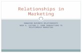 MANAGING BUSINESS RELATIONSHIPS WEEK 6, LECTURE 2. FROM TRANSACTIONS TO RELATIONSHIP MARKETING Relationships in Marketing.