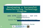 1 Developing a Successful Manufacturing Technology Program 2005 NTPN Conference – NSF ATE Preconference Career Pathways for Student Success September 28,