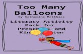 Too Many Balloons By Catherine Matthias Literacy Activity Pack for Preschool and Kindergarten.