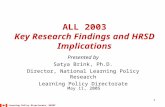 Learning Policy Directorate, HRSDC 1 ALL 2003 Key Research Findings and HRSD Implications Presented by Satya Brink, Ph.D. Director, National Learning Policy.