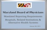 Maryland Board of Physicians January 08, 2015 Mandated Reporting Requirements Hospitals, Related Institutions & Alternative Health Systems.
