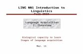 LING 001 Introduction to Linguistics Fall 2010 Biological capacity to learn Stages of language acquisition Mar. 15 Language Acquisition I: Overview.
