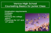 Venice High School Counseling Basics for Junior Class Graduation requirements Colleges Testing Starting the college search Timelines for 11 th and 12 th.