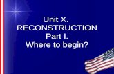 Unit X. RECONSTRUCTION Part I. Where to begin?. Objectives -Describe the hardships the South faced after the Civil War -Describe the idea of Reconstruction.