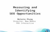 Measuring and Identifying SEO Opportunities Melanie Phung Director, New Media PBS Interactive.