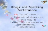 Drugs and Sporting Performance LO: You will know - The kinds of drugs used What they do Why they are banned in international competitions.