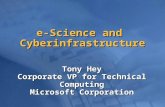 E-Science and Cyberinfrastructure Tony Hey Corporate VP for Technical Computing Microsoft Corporation.