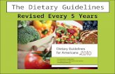 The Dietary Guidelines Revised Every 5 Years. The Dietary Guidelines 1.Balance Calories Carbohydrates 60% Fat 15% Protein 25% The average American eats.