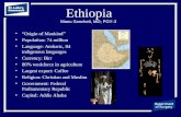 Ethiopia “Origin of Mankind” Population: 74 million Language: Amharic, 84 indigenous languages Currency: Birr 80% workforce in agriculture Largest export: