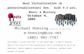 Host Virtualization (& paravirtualization) Xen, SuSE 9.3 pro, Magic & Mystery Michael Hoesing cissp, cisa, ccp cia, cpa cma m-hoesing@cox.net (402) 981-7747.