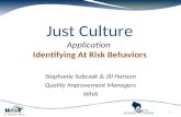 Just Culture Application Identifying At Risk Behaviors Stephanie Sobczak & Jill Hanson Quality Improvement Managers WHA 1.