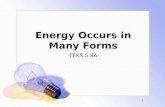 1 Energy Occurs in Many Forms TEKS 5.8A. 2 The student knows that energy occurs in many forms. The student is expected to: A. Differentiate among forms.