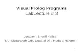 1 Visual Prolog Programs LabLecture # 3 Lecturer : Sheriff Nafisa TA : Mubarakah Otbi, Duaa al Ofi, Huda al Hakami.
