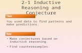 2-1 Inductive Reasoning and Conjecture You used data to find patterns and make predictions. Make conjectures based on inductive reasoning. Find counterexamples.