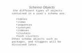 Schema Objects the different types of objects contained in a user’s schema are: tables views sequences synonyms indexes clusters hash clusters Other schema.