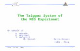 Lecce - 23 Sep. 20031 The Trigger System of the MEG Experiment Marco Grassi INFN - Pisa On behalf of D. Nicolò F. Morsani S. Galeotti M. Grassi.