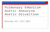 Pulmonary Embolism Aortic Aneurysm Aortic Dissection Nursing 313, Fall 2011.