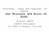 Yesterday 、 Today and Tomorrow of CODATA -Our Missions and Roles of DSAO- Shuichi IWATA CODATA President 16 th DSAO at Bangkok, Thailand.
