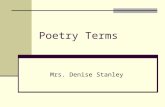 Poetry Terms Mrs. Denise Stanley. alliteration Repetition of consonant sounds at the beginnings of words Example: ‘Peter Piper picked a peck of pickled.