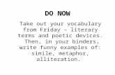 DO NOW Take out your vocabulary from Friday – literary terms and poetic devices. Then, in your binders, write funny examples of: simile, metaphor, alliteration.