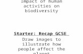 Impact of human activities on biodiversity Starter: Recap GCSE Draw images to illustrate how people affect the planet.