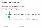 15/09/2015handout 31 Robot Kinematics Logics of presentation: Kinematics: what Coordinate system: way to describe motion Relation between two coordinate.