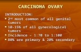 CARCINOMA OVARY INTRODUCTION: 2 nd most common of all genital tumors 2 nd most common of all genital tumors 10-15% of all gynecological tumors 10-15% of.