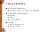 Today’s Lecture  Boolean Expressions  Building, Evaluating & Precedence Rules  Branching Mechanisms  if-else  switch  Nesting if-else  Loops  While,