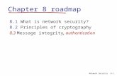 8-1Network Security Chapter 8 roadmap 8.1 What is network security? 8.2 Principles of cryptography 8.3 Message integrity, authentication.