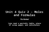 Unit 4 Quiz 2 – Moles and Formulas The Review! (you need a periodic table, piece of scrap paper, and calculator)