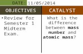 Review for Semester 1 Midterm Exam. What is the difference between mass number and atomic mass? 11/05/2014.