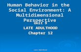 Late Adulthood Human Behavior in the Social Environment: A Multidimensional Perspective Unit 9 LATE ADULTHOOD Chapter 12.