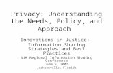 Privacy: Understanding the Needs, Policy, and Approach Innovations in Justice: Information Sharing Strategies and Best Practices BJA Regional Information.