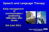 Speech and Language Therapy Early management of communication / swallowing difficulties after stroke 3rd June 2011.