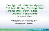 1 Design of UWB Bandpass Filter Using Triangular ring MMR With Stub – Loaded Resonator Yung-Wei Chen Department of Computer and Communication, Kun Shan.